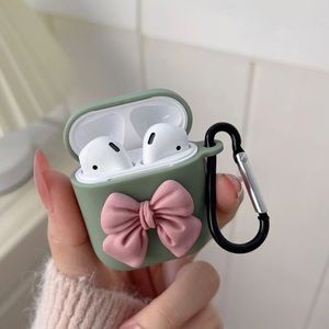 AirPods 1/2 case. Sage green/ pink bow, NEW